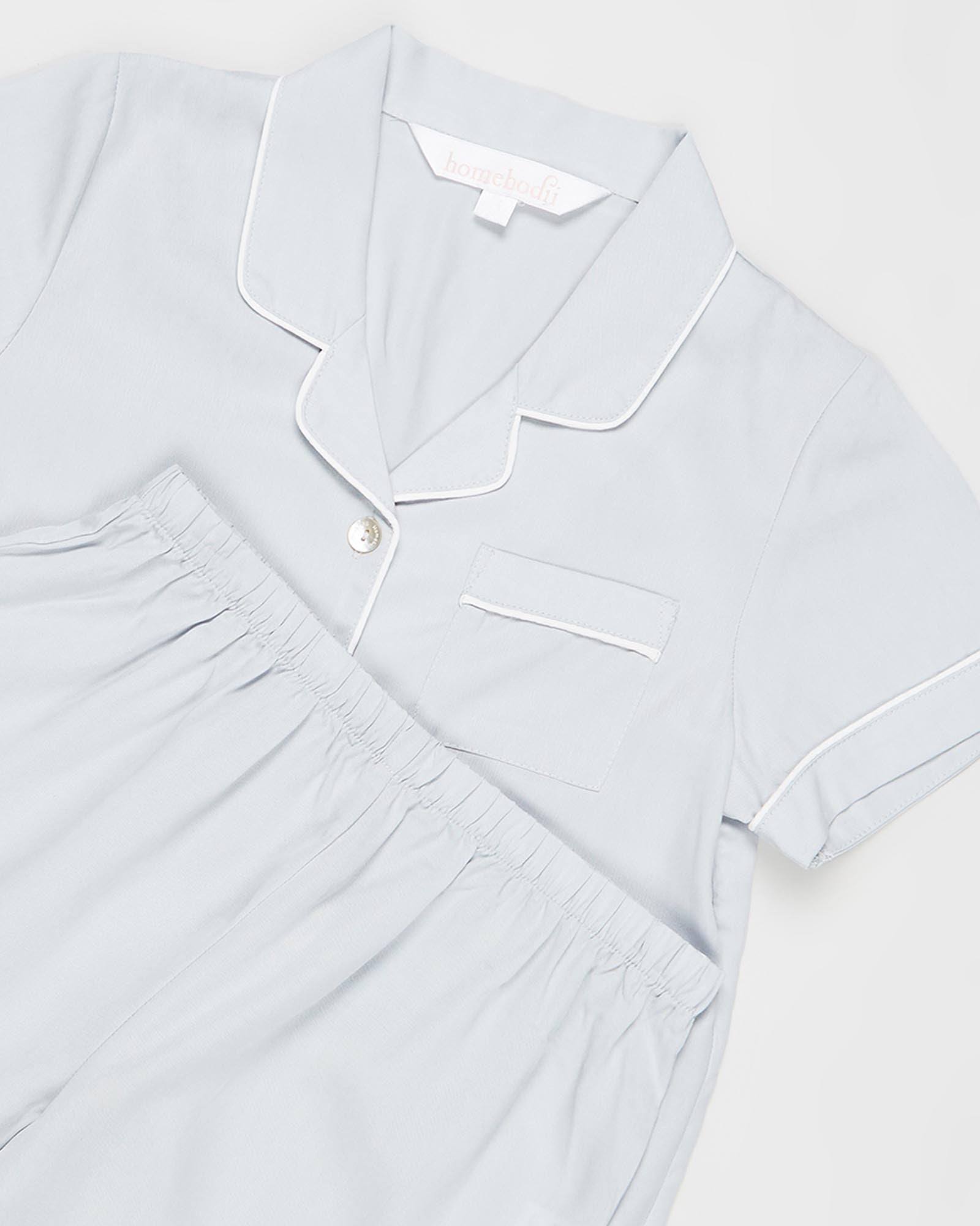Eva Kids Short Tencel™ Personalised Pyjama Set Eggshell Blue With White Piping | Homebodii