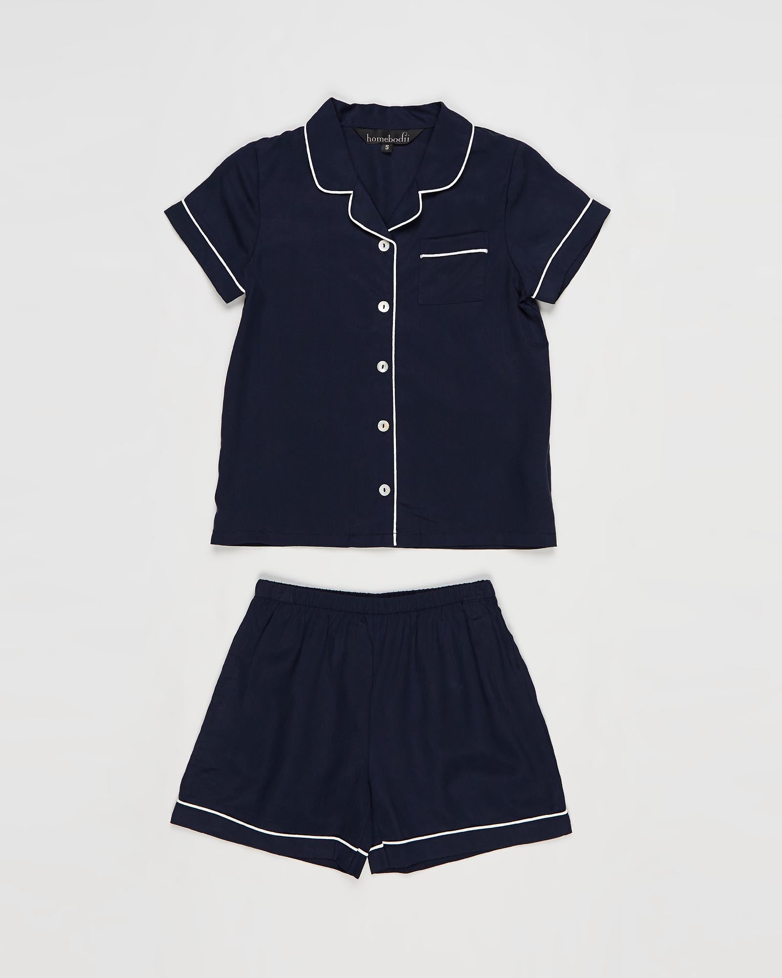 Eva Kids Short Tencel™ Personalised Pyjama Set Navy With White Piping | Homebodii
