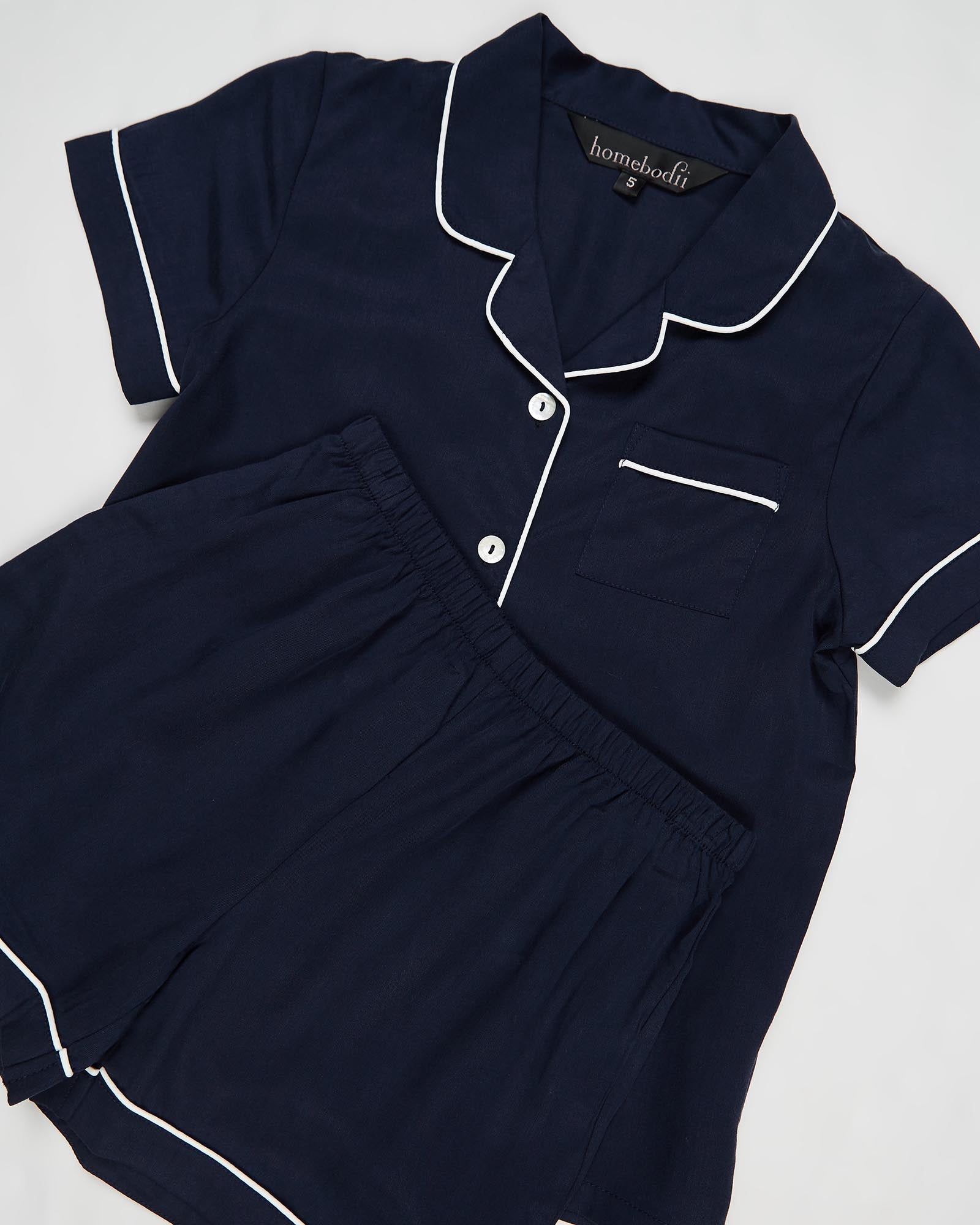 Eva Kids Short Tencel™ Personalised Pyjama Set Navy With White Piping | Homebodii