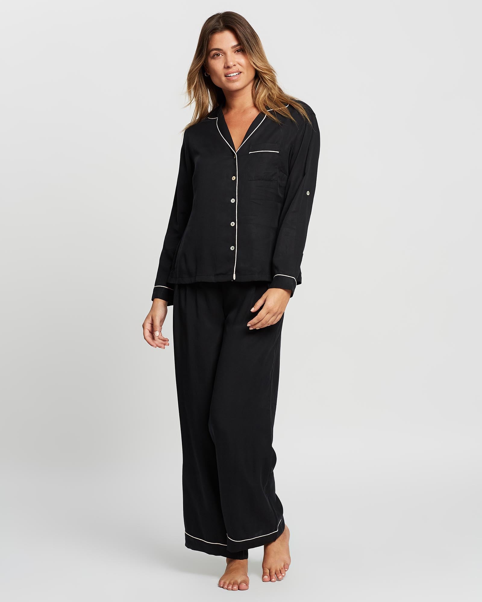 Eva Long Tencel™ Womens Personalised Pyjama Set Black With Blush Piping | Homebodii