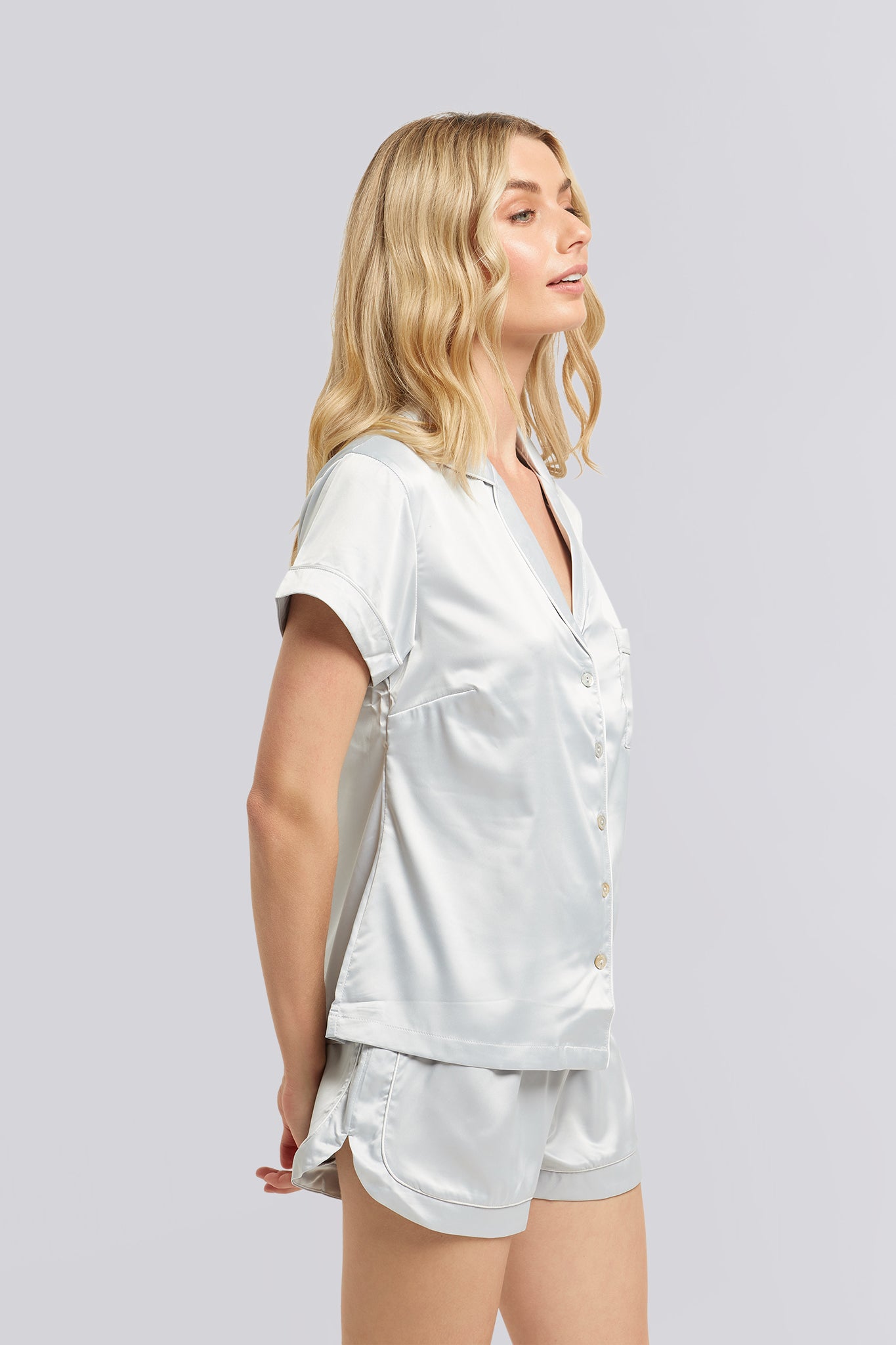 Grace Short Satin Personalised Pyjama set with Eggshell Blue With White Piping | Homebodii