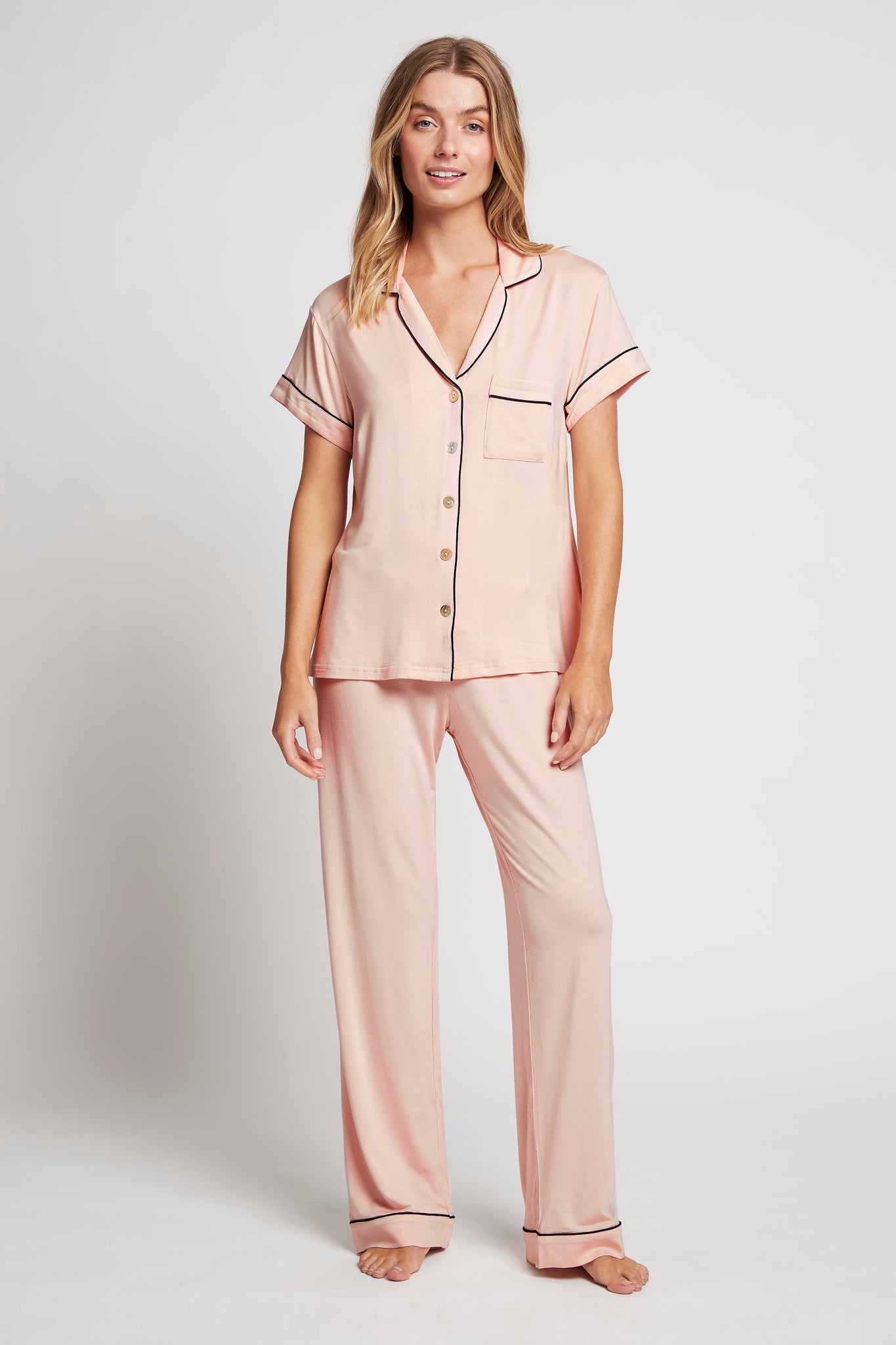 Petra Womens Tencel™ Modal Personalised Short Sleeve With Long Pant Pyjama Set Blush With Black Piping | Homebodii