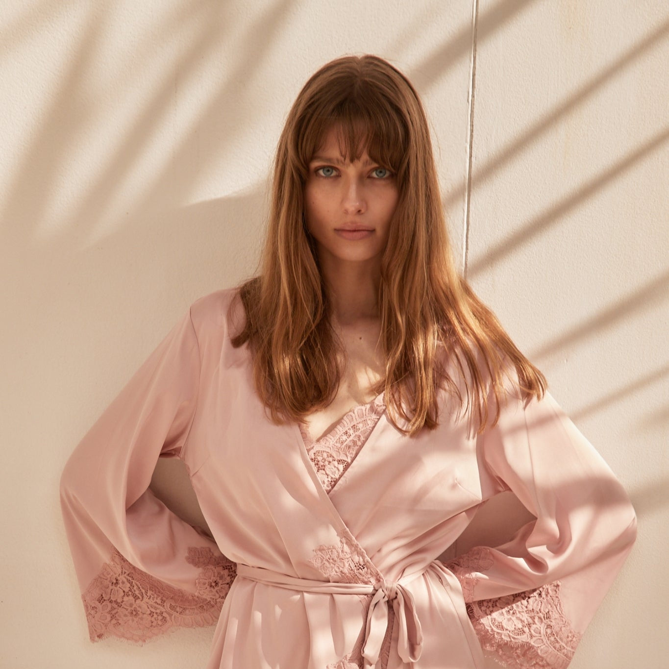 Sian Lace Robe in dusty rose satin, a luxury gift for her