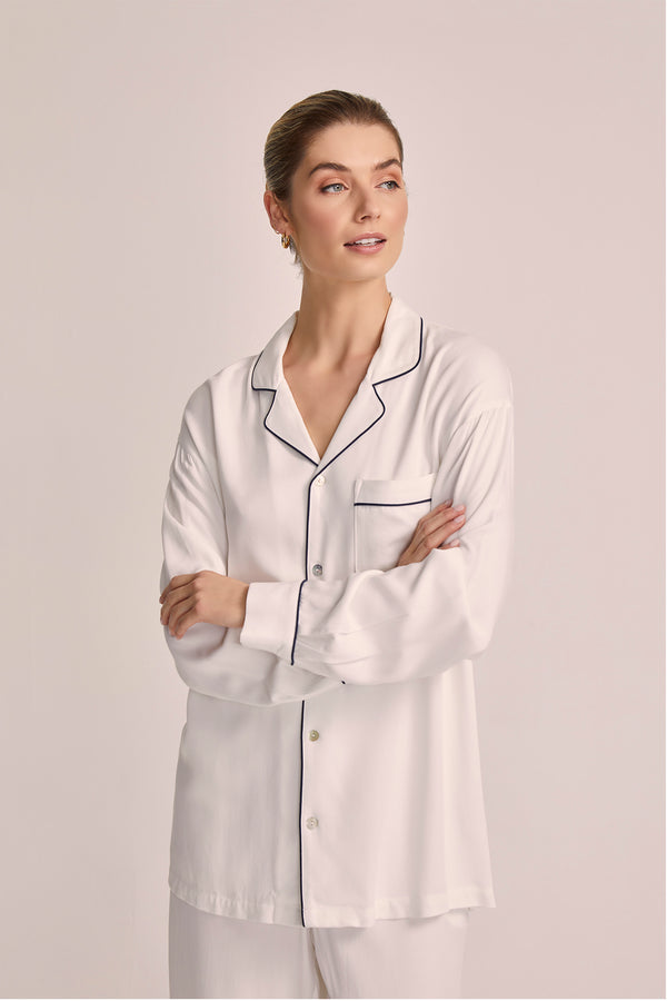 Eva Lounge Tencel™ Pyjama Set - White with Black Piping