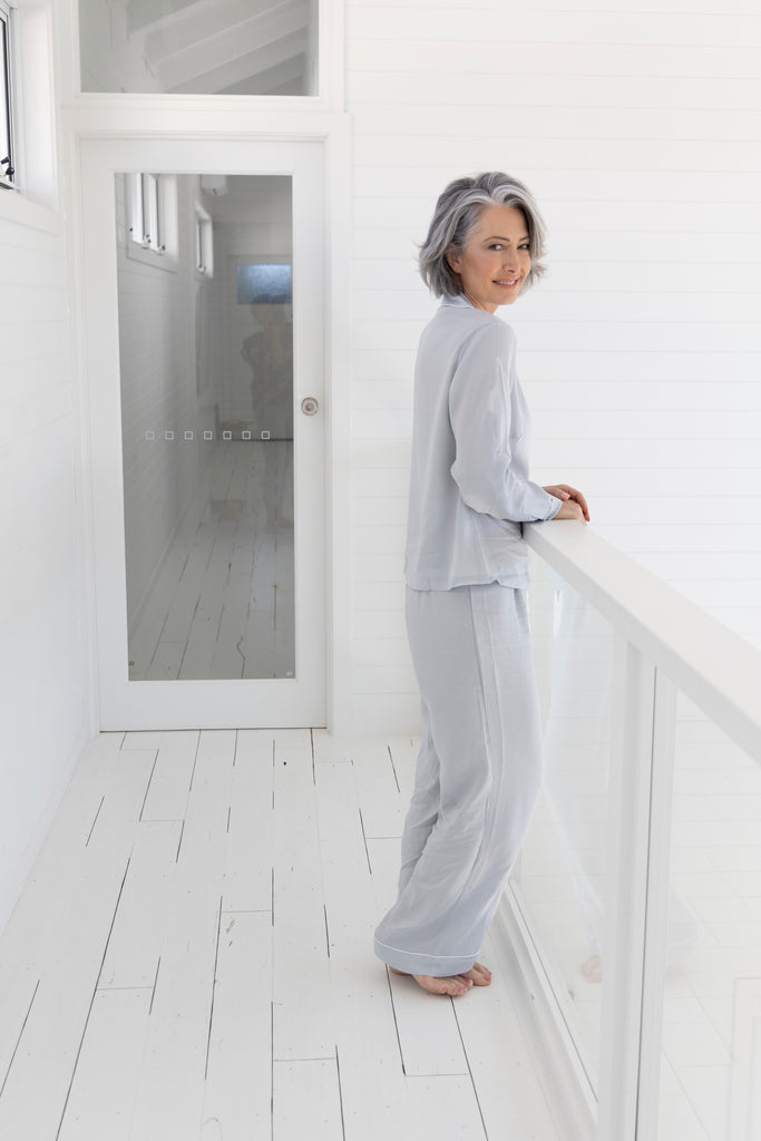Eva Long Tencel™ Womens Personalised Pyjama Set  Eggshell Blue With White Piping | Homebodii