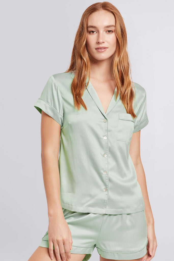 Grace Short Satin Personalised Pyjama set with Sage With Sage Piping | Homebodii
