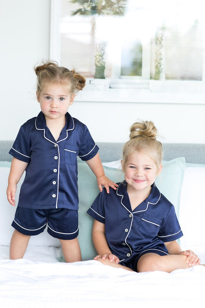 Grace Children Piping Satin Personalised Pyjama Set Navy | Homebodii
