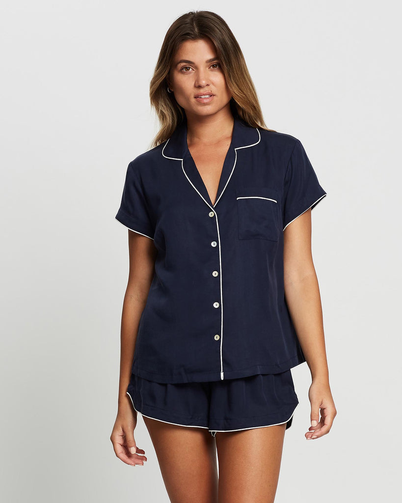 Eva Short Tencel™ Womens Personalised Pyjama Set  Navy With White Piping | Homebodii