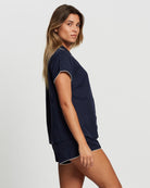 Eva Short Tencel™ Womens Personalised Pyjama Set  Navy With White Piping | Homebodii