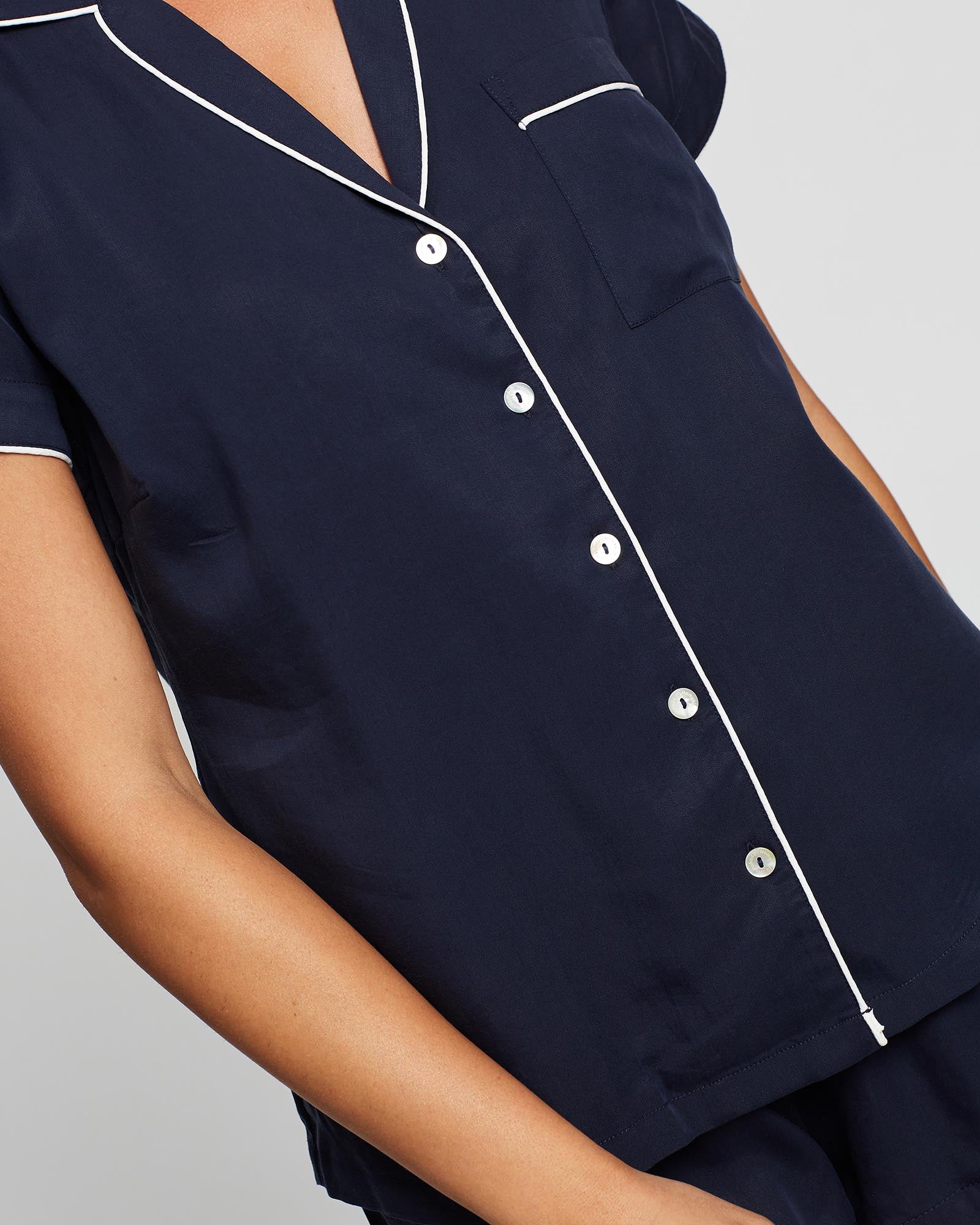 Eva Short Tencel™ Womens Personalised Pyjama Set  Navy With White Piping | Homebodii