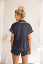 Grace Short Satin Personalised Pyjama set with Navy With White Piping | Homebodii