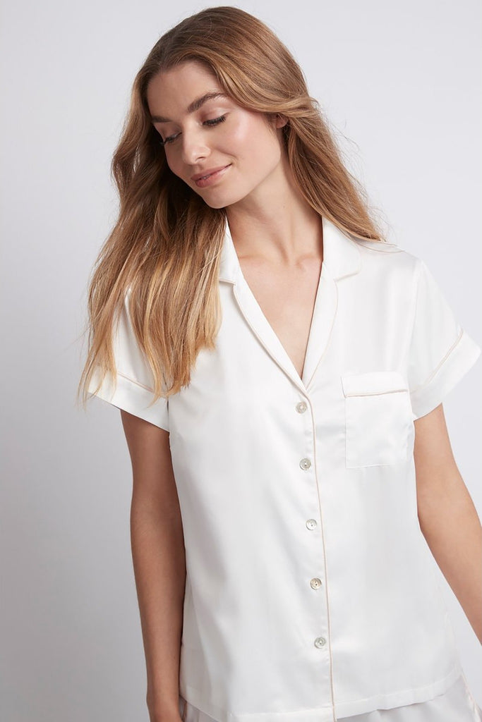 Grace Short Satin Personalised Pyjama set with  White With Blush Piping | Homebodii