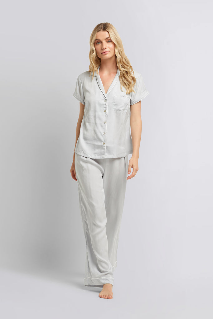 Eva Short Sleeve With Long Pant Tencel™ Womens Personalised Pyjama Set  Eggshell Blue With White Piping | Homebodii