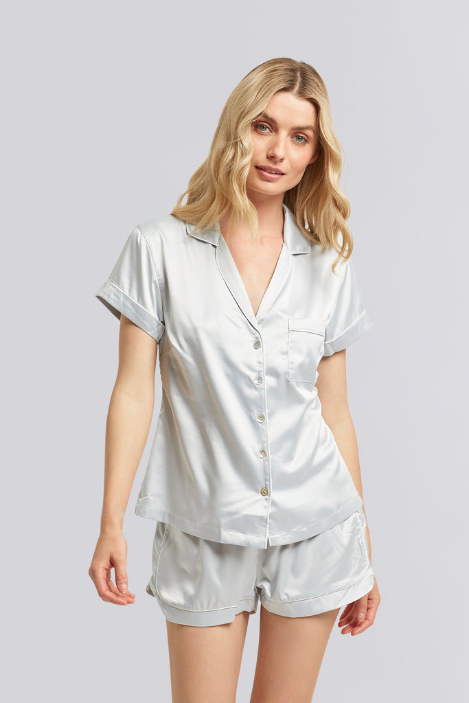 Grace Short Satin Personalised Pyjama set with  Eggshell Blue With White Piping | Homebodii