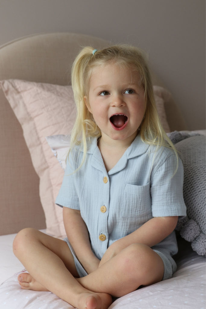 Piper Bubble Cotton Personalised Childrens  Short Pyjama Set  Eggshell Blue | Homebodii