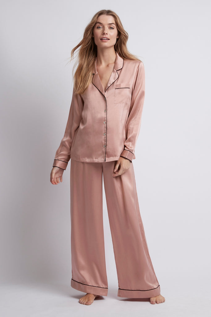 Homebodii Silk Women's Pyjama Set - Rose with black piping | Homebodii AU.