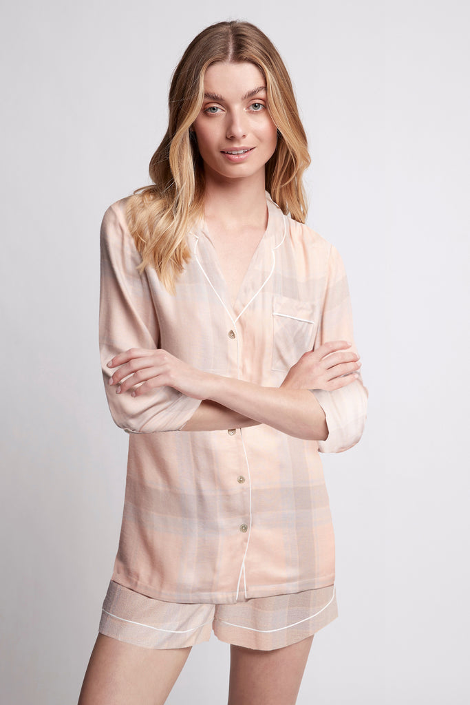 Ardelia Flannel Cosy Long Sleeve With Short Pyjama Set  Blush Check | Homebodii