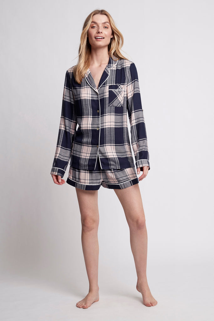 Ardelia Flannel Cosy Long Sleeve With Short Pyjama Set  Navy Check | Homebodii