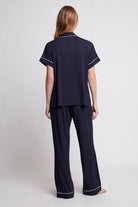 Petra Womens Tencel™ Modal Personalised Short Sleeve With Long Pant Pyjama Set  Navy With White Piping | Homebodii