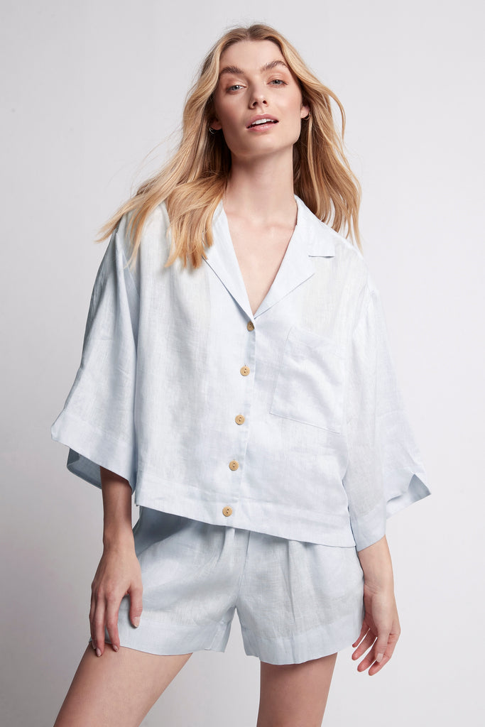 Riviera Personalised Linen Pyjama Set Eggshell Blue | Homebodii