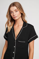 Petra Womens Personalised Short Tencel™ Modal  Pyjama Set Black with Blush Piping | Homebodii