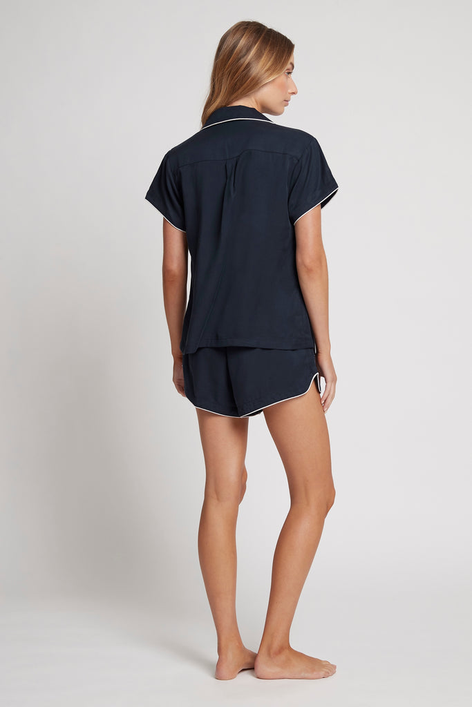 Eva Short Tencel™ Womens Personalised Pyjama Set  Navy With White Piping | Homebodii