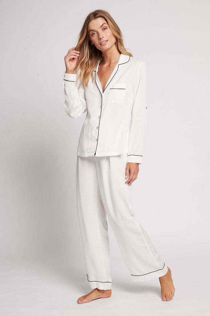 Eva Long Tencel™ Womens Personalised Pyjama Set  White With Black Piping | Homebodii