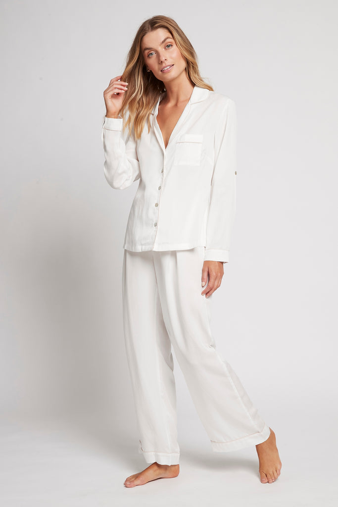 Eva Long Tencel™ Womens Pyjama Set  White With Blush Piping | Homebodii