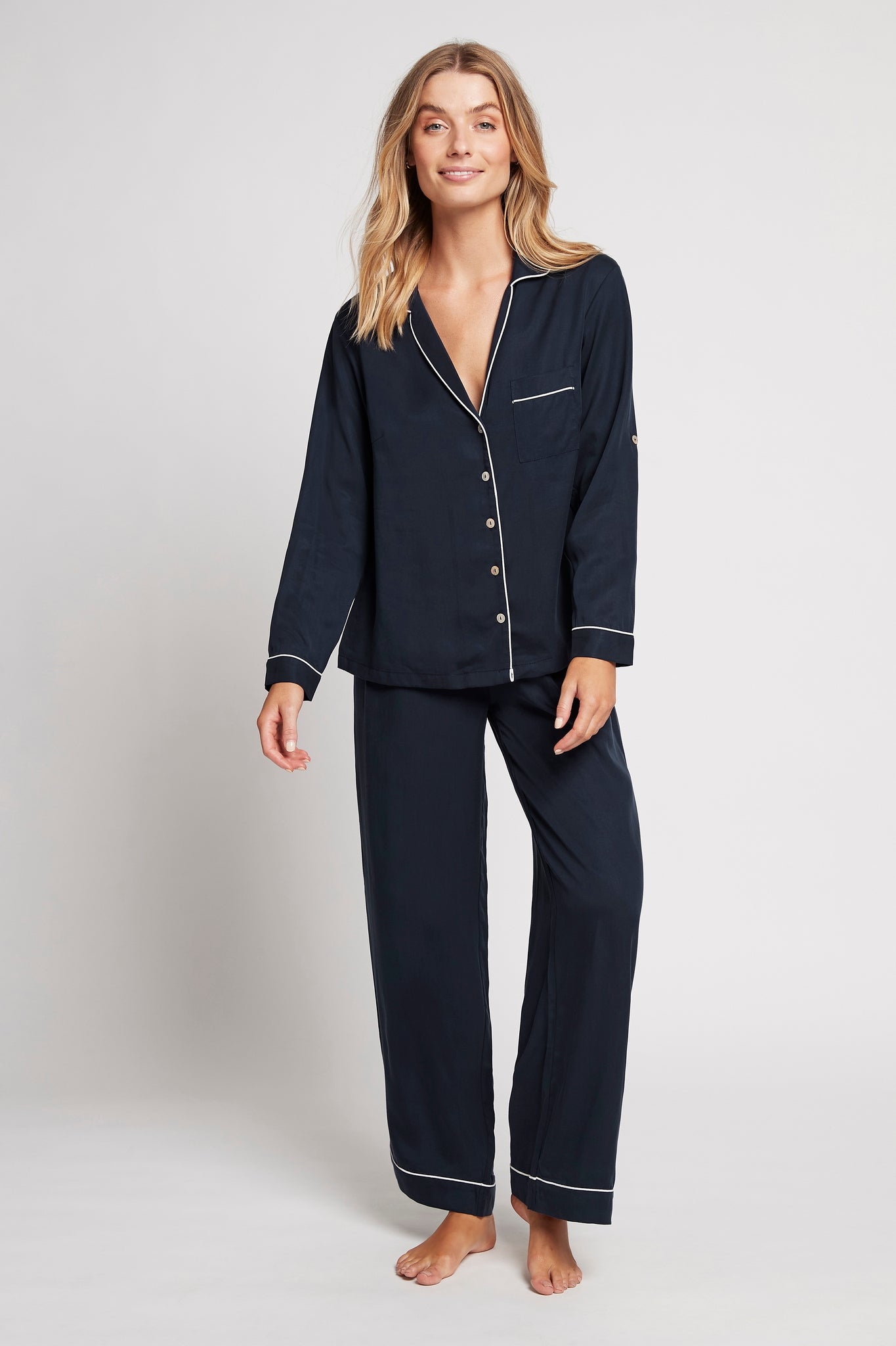 Eva Long Tencel™  Womens Personalised Pyjama Set  Navy With White Piping | Homebodii