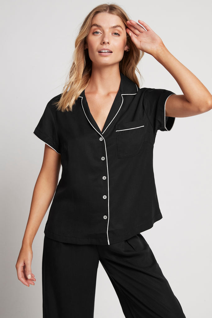 Eva Short Sleeve With Long Pant Tencel™ Womens Personalised Pyjama Set  Black With Blush Piping | Homebodii