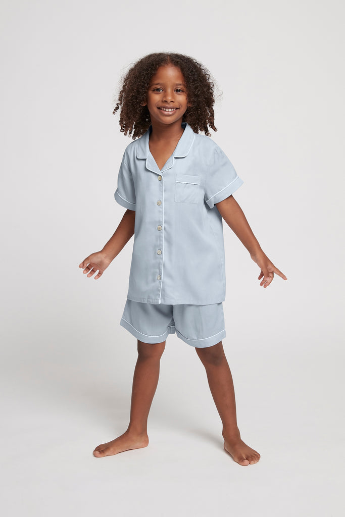 Eva Kids Short Tencel™ Personalised Pyjama Set  Eggshell Blue With White Piping | Homebodii