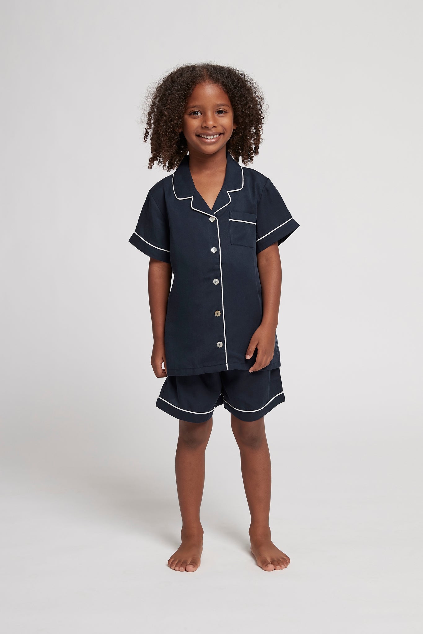 Eva Kids Short Tencel™ Personalised Pyjama Set  Navy With White Piping | Homebodii