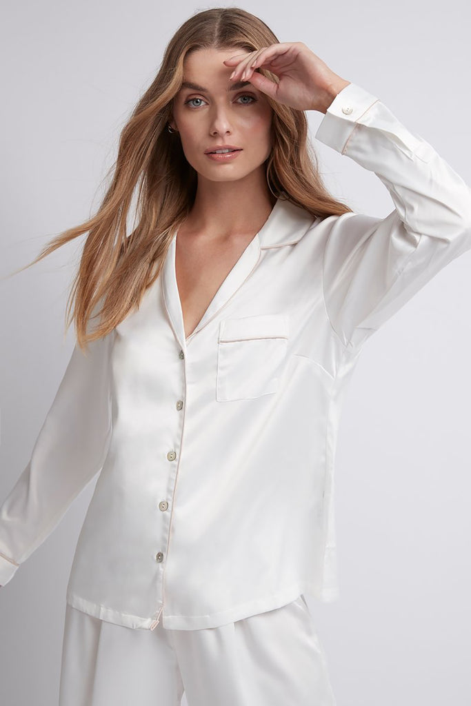 Sabrina Womens Personalised Satin Long Pyjama Set White With Blush Piping | Homebodii