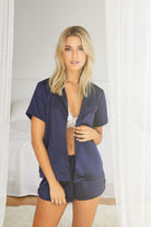 Toni Short Sleeve Personalised Satin Womens Pyjamas  Navy | Homebodii
