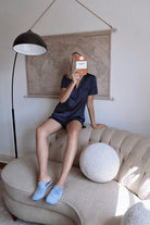 Toni Short Sleeve Personalised Satin Womens Pyjamas  Navy | Homebodii